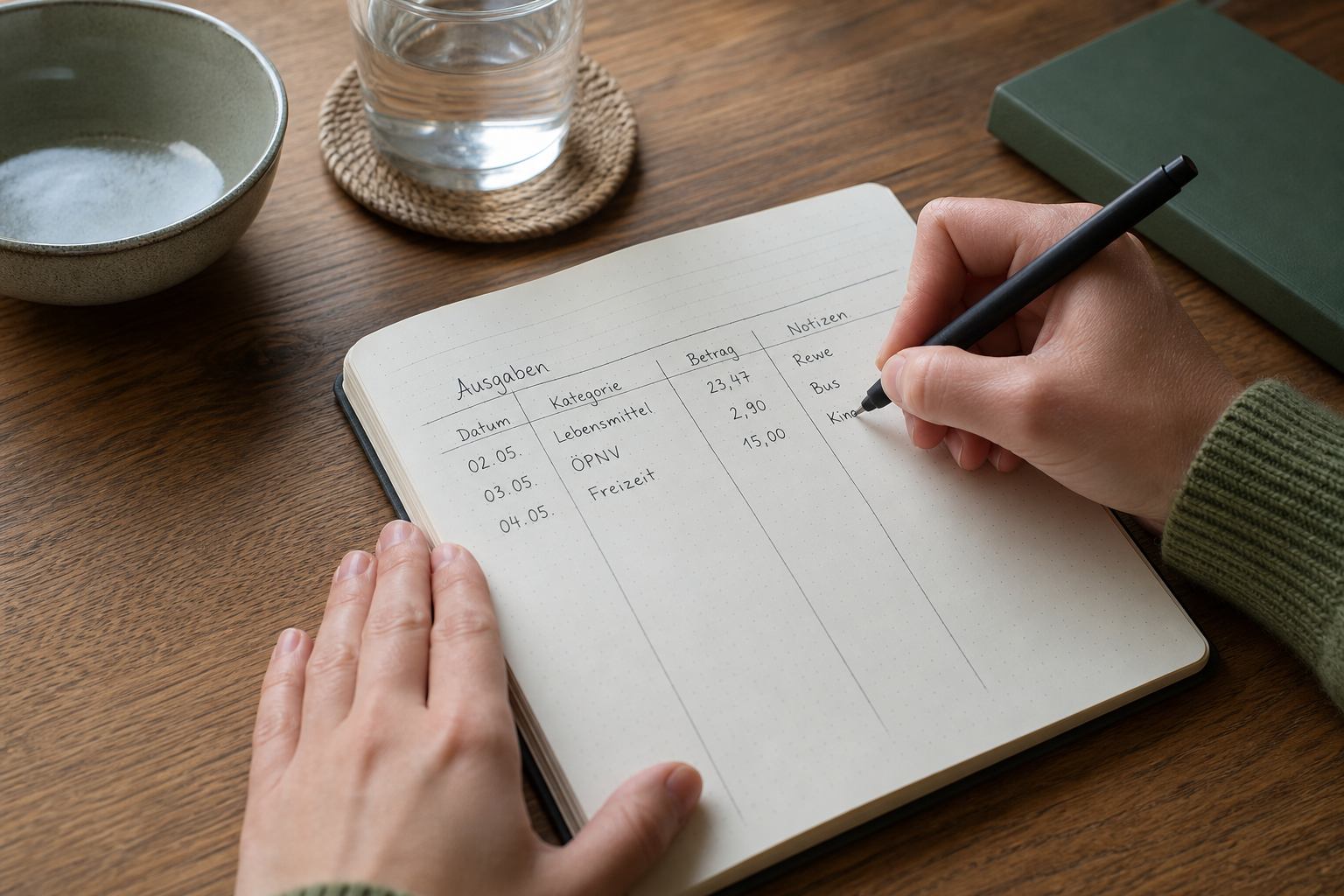 Handschriftlicher Eintrag einer Ausgabe in ein Notizbuch