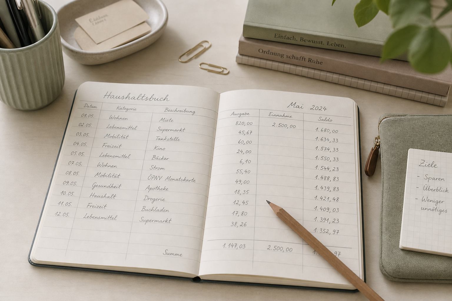 Offenes Haushaltsbuch mit handschriftlichen Ausgaben und Ordner auf einem Schreibtisch