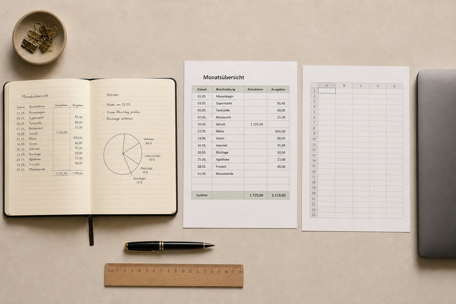 Notizbuch, gedruckter Bogen und Digitalsheet nebeneinander