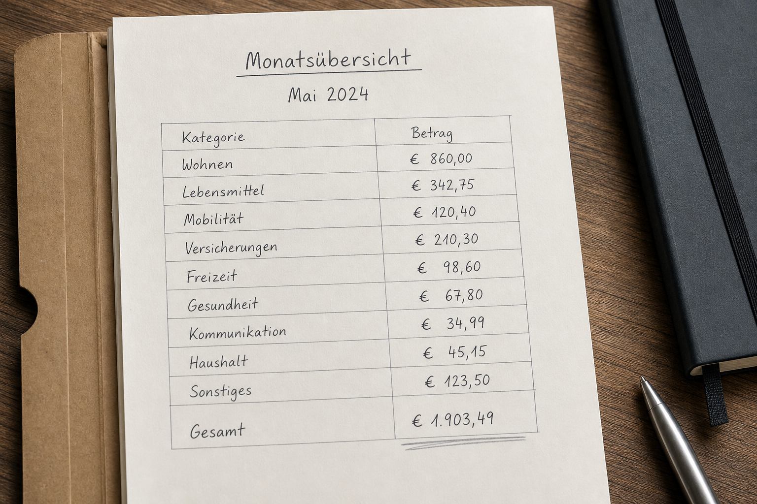 Papierene Monatstabelle mit handschriftlichen Summen je Kategorie