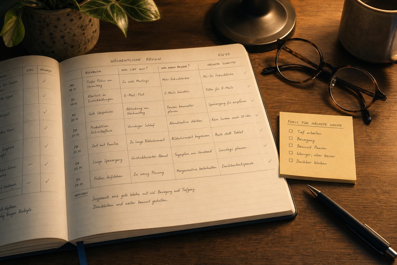 Haushaltsbuch mit Häkchen am Rand und Checkliste auf einem Notizzettel